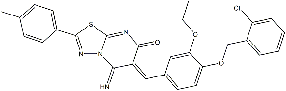 6-{4-[(2-chlorobenzyl)oxy]-3-ethoxybenzylidene}-5-imino-2-(4-methylphenyl)-5,6-dihydro-7H-[1,3,4]thiadiazolo[3,2-a]pyrimidin-7-one 化学構造式