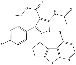 ethyl 2-{[(6,7-dihydro-5H-cyclopenta[4,5]thieno[2,3-d]pyrimidin-4-ylsulfanyl)acetyl]amino}-4-(4-fluorophenyl)-3-thiophenecarboxylate 化学構造式