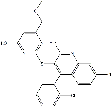 7-chloro-4-(2-chlorophenyl)-3-{[4-hydroxy-6-(methoxymethyl)-2-pyrimidinyl]sulfanyl}-2-quinolinol Struktur