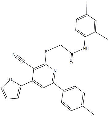 2-{[3-cyano-4-(2-furyl)-6-(4-methylphenyl)pyridin-2-yl]sulfanyl}-N-(2,4-dimethylphenyl)acetamide 结构式