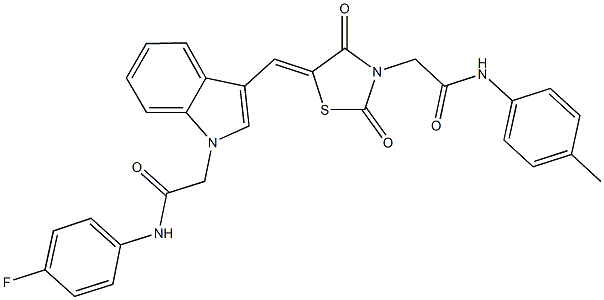 2-[3-({2,4-dioxo-3-[2-oxo-2-(4-toluidino)ethyl]-1,3-thiazolidin-5-ylidene}methyl)-1H-indol-1-yl]-N-(4-fluorophenyl)acetamide Struktur