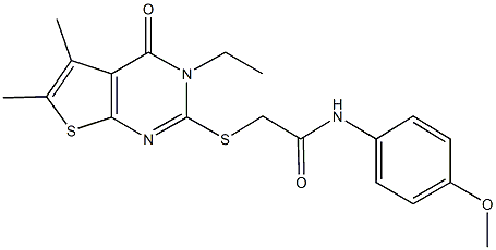 2-[(3-ethyl-5,6-dimethyl-4-oxo-3,4-dihydrothieno[2,3-d]pyrimidin-2-yl)sulfanyl]-N-[4-(methyloxy)phenyl]acetamide Struktur