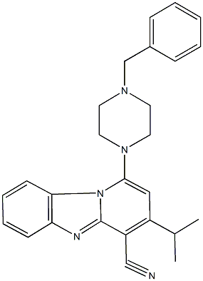 1-(4-benzyl-1-piperazinyl)-3-isopropylpyrido[1,2-a]benzimidazole-4-carbonitrile 化学構造式