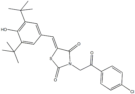 3-[2-(4-chlorophenyl)-2-oxoethyl]-5-(3,5-ditert-butyl-4-hydroxybenzylidene)-1,3-thiazolidine-2,4-dione,,结构式