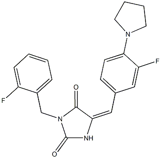 3-(2-fluorobenzyl)-5-[3-fluoro-4-(1-pyrrolidinyl)benzylidene]-2,4-imidazolidinedione 化学構造式