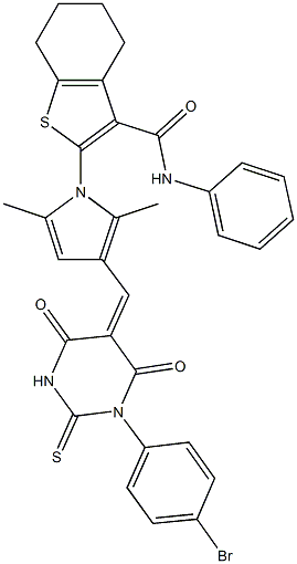 2-{3-[(1-(4-bromophenyl)-4,6-dioxo-2-thioxotetrahydro-5(2H)-pyrimidinylidene)methyl]-2,5-dimethyl-1H-pyrrol-1-yl}-N-phenyl-4,5,6,7-tetrahydro-1-benzothiophene-3-carboxamide,,结构式