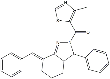 7-benzylidene-2-[(4-methyl-1,3-thiazol-5-yl)carbonyl]-3-phenyl-3,3a,4,5,6,7-hexahydro-2H-indazole Struktur