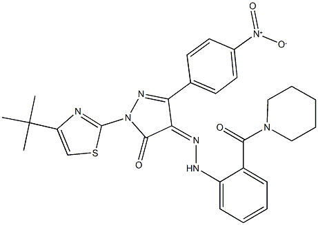 1-(4-tert-butyl-1,3-thiazol-2-yl)-3-{4-nitrophenyl}-1H-pyrazole-4,5-dione 4-{[2-(1-piperidinylcarbonyl)phenyl]hydrazone} Structure