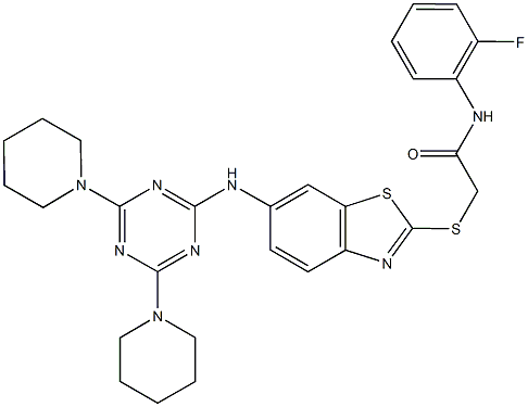 2-[(6-{[4,6-di(1-piperidinyl)-1,3,5-triazin-2-yl]amino}-1,3-benzothiazol-2-yl)sulfanyl]-N-(2-fluorophenyl)acetamide,,结构式