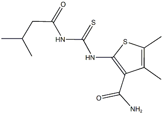 4,5-dimethyl-2-({[(3-methylbutanoyl)amino]carbothioyl}amino)-3-thiophenecarboxamide,,结构式