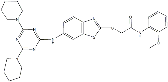 2-[(6-{[4,6-di(1-piperidinyl)-1,3,5-triazin-2-yl]amino}-1,3-benzothiazol-2-yl)sulfanyl]-N-(2-methoxyphenyl)acetamide,,结构式