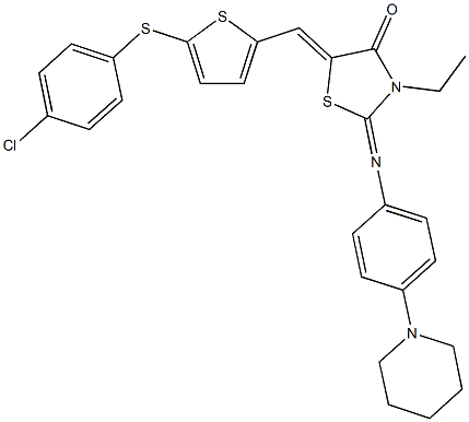 5-({5-[(4-chlorophenyl)sulfanyl]thien-2-yl}methylene)-3-ethyl-2-[(4-piperidin-1-ylphenyl)imino]-1,3-thiazolidin-4-one 结构式
