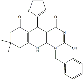 1-benzyl-2-hydroxy-8,8-dimethyl-5-(2-thienyl)-5,8,9,10-tetrahydropyrimido[4,5-b]quinoline-4,6(1H,7H)-dione Structure