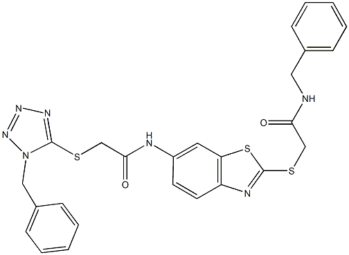 N-(2-{[2-(benzylamino)-2-oxoethyl]sulfanyl}-1,3-benzothiazol-6-yl)-2-[(1-benzyl-1H-tetraazol-5-yl)sulfanyl]acetamide Structure