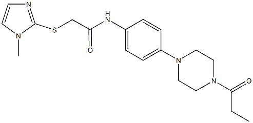 2-[(1-methyl-1H-imidazol-2-yl)sulfanyl]-N-[4-(4-propionyl-1-piperazinyl)phenyl]acetamide,,结构式