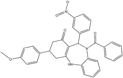 10-benzoyl-11-{3-nitrophenyl}-3-(4-methoxyphenyl)-2,3,4,5,10,11-hexahydro-1H-dibenzo[b,e][1,4]diazepin-1-one 结构式