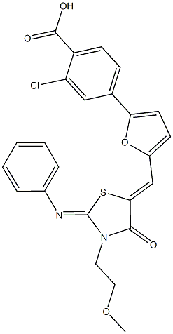 2-chloro-4-(5-{[3-(2-methoxyethyl)-4-oxo-2-(phenylimino)-1,3-thiazolidin-5-ylidene]methyl}-2-furyl)benzoic acid|