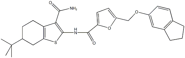 N-[3-(aminocarbonyl)-6-tert-butyl-4,5,6,7-tetrahydro-1-benzothien-2-yl]-5-[(2,3-dihydro-1H-inden-5-yloxy)methyl]-2-furamide Struktur