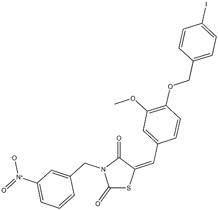 3-{3-nitrobenzyl}-5-{4-[(4-iodobenzyl)oxy]-3-methoxybenzylidene}-1,3-thiazolidine-2,4-dione 化学構造式