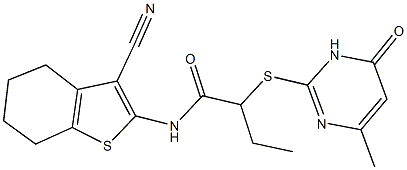 N-(3-cyano-4,5,6,7-tetrahydro-1-benzothien-2-yl)-2-[(4-methyl-6-oxo-1,6-dihydro-2-pyrimidinyl)sulfanyl]butanamide 化学構造式