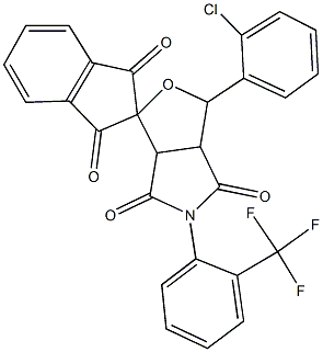 1-(2-chlorophenyl)-5-[2-(trifluoromethyl)phenyl]-3a,6a-dihydrospiro(1H-furo[3,4-c]pyrrole-3,2'-[1'H]-indene)-1',3',4,6(2'H,3H,5H)-tetrone,,结构式