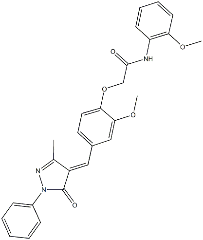 2-{2-methoxy-4-[(3-methyl-5-oxo-1-phenyl-1,5-dihydro-4H-pyrazol-4-ylidene)methyl]phenoxy}-N-(2-methoxyphenyl)acetamide,,结构式