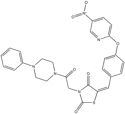 5-[4-({5-nitro-2-pyridinyl}oxy)benzylidene]-3-[2-oxo-2-(4-phenyl-1-piperazinyl)ethyl]-1,3-thiazolidine-2,4-dione 化学構造式