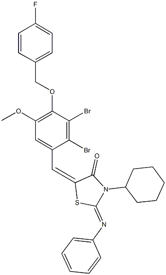 3-cyclohexyl-5-{2,3-dibromo-4-[(4-fluorobenzyl)oxy]-5-methoxybenzylidene}-2-(phenylimino)-1,3-thiazolidin-4-one,,结构式