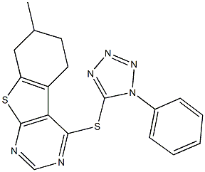 7-methyl-4-[(1-phenyl-1H-tetraazol-5-yl)sulfanyl]-5,6,7,8-tetrahydro[1]benzothieno[2,3-d]pyrimidine Struktur