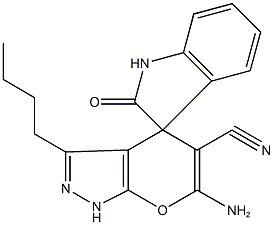 6'-amino-3'-butyl-1,1',3,4'-tetrahydro-2-oxospiro(2H-indole-3,4'-pyrano[2,3-c]pyrazole)-5'-carbonitrile 结构式