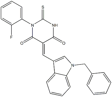 5-[(1-benzyl-1H-indol-3-yl)methylene]-1-(2-fluorophenyl)-2-thioxodihydro-4,6(1H,5H)-pyrimidinedione 化学構造式