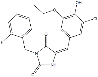 5-(3-chloro-5-ethoxy-4-hydroxybenzylidene)-3-(2-fluorobenzyl)-2,4-imidazolidinedione 化学構造式