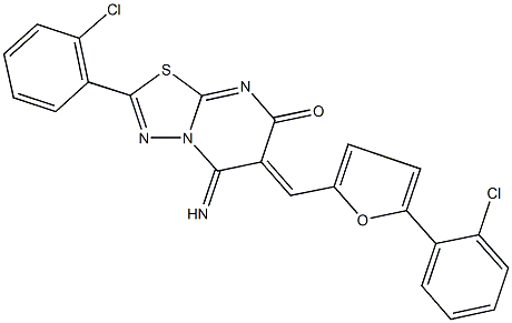 2-(2-chlorophenyl)-6-{[5-(2-chlorophenyl)-2-furyl]methylene}-5-imino-5,6-dihydro-7H-[1,3,4]thiadiazolo[3,2-a]pyrimidin-7-one 结构式