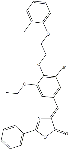 4-{3-bromo-5-ethoxy-4-[2-(2-methylphenoxy)ethoxy]benzylidene}-2-phenyl-1,3-oxazol-5(4H)-one Struktur