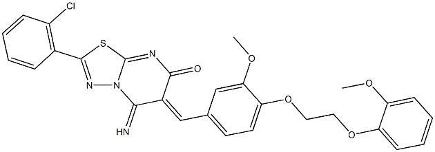 2-(2-chlorophenyl)-5-imino-6-{3-methoxy-4-[2-(2-methoxyphenoxy)ethoxy]benzylidene}-5,6-dihydro-7H-[1,3,4]thiadiazolo[3,2-a]pyrimidin-7-one Struktur