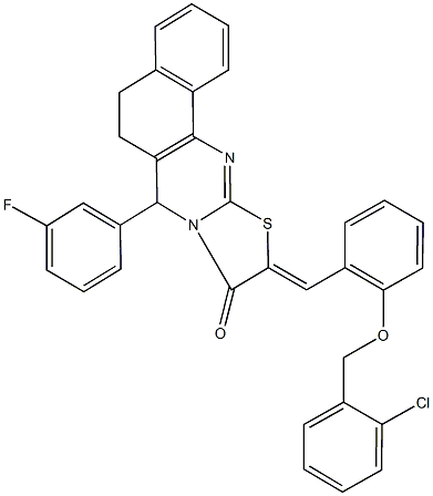 10-{2-[(2-chlorobenzyl)oxy]benzylidene}-7-(3-fluorophenyl)-5,7-dihydro-6H-benzo[h][1,3]thiazolo[2,3-b]quinazolin-9(10H)-one 结构式