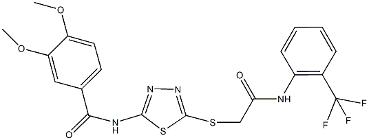 3,4-dimethoxy-N-[5-({2-oxo-2-[2-(trifluoromethyl)anilino]ethyl}sulfanyl)-1,3,4-thiadiazol-2-yl]benzamide 化学構造式