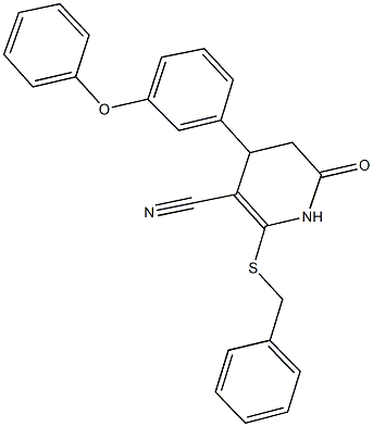 2-(benzylsulfanyl)-6-oxo-4-(3-phenoxyphenyl)-1,4,5,6-tetrahydro-3-pyridinecarbonitrile 化学構造式