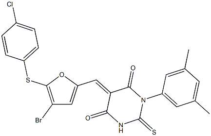 5-({4-bromo-5-[(4-chlorophenyl)sulfanyl]-2-furyl}methylene)-1-(3,5-dimethylphenyl)-2-thioxodihydro-4,6(1H,5H)-pyrimidinedione,,结构式