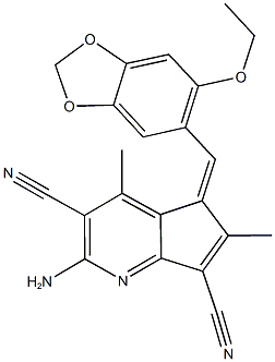 2-amino-5-[(6-ethoxy-1,3-benzodioxol-5-yl)methylene]-4,6-dimethyl-5H-cyclopenta[b]pyridine-3,7-dicarbonitrile 化学構造式