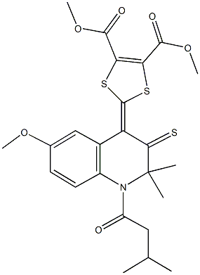 dimethyl 2-(6-methoxy-2,2-dimethyl-1-(3-methylbutanoyl)-3-thioxo-2,3-dihydro-4(1H)-quinolinylidene)-1,3-dithiole-4,5-dicarboxylate 化学構造式
