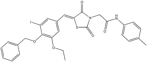 2-{5-[4-(benzyloxy)-3-ethoxy-5-iodobenzylidene]-2,4-dioxo-1,3-thiazolidin-3-yl}-N-(4-methylphenyl)acetamide Struktur