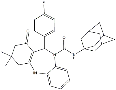 N-(1-adamantyl)-11-(4-fluorophenyl)-3,3-dimethyl-1-oxo-1,2,3,4,5,11-hexahydro-10H-dibenzo[b,e][1,4]diazepine-10-carboxamide 化学構造式