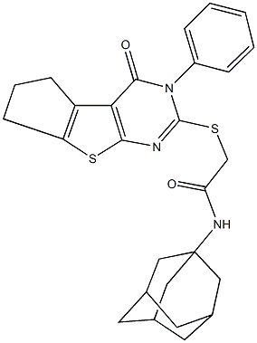 N-(1-adamantyl)-2-[(4-oxo-3-phenyl-3,5,6,7-tetrahydro-4H-cyclopenta[4,5]thieno[2,3-d]pyrimidin-2-yl)sulfanyl]acetamide,,结构式