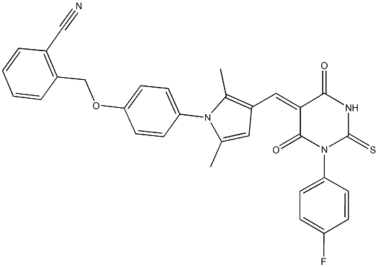 2-[(4-{3-[(1-(4-fluorophenyl)-4,6-dioxo-2-thioxotetrahydro-5(2H)-pyrimidinylidene)methyl]-2,5-dimethyl-1H-pyrrol-1-yl}phenoxy)methyl]benzonitrile 结构式