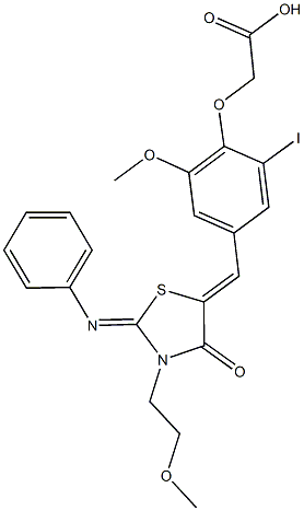 (2-iodo-6-methoxy-4-{[3-(2-methoxyethyl)-4-oxo-2-(phenylimino)-1,3-thiazolidin-5-ylidene]methyl}phenoxy)acetic acid Struktur