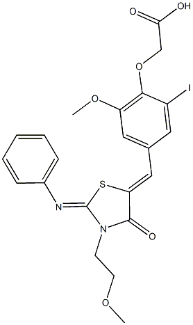 (2-iodo-6-methoxy-4-{[3-(2-methoxyethyl)-4-oxo-2-(phenylimino)-1,3-thiazolidin-5-ylidene]methyl}phenoxy)acetic acid 化学構造式