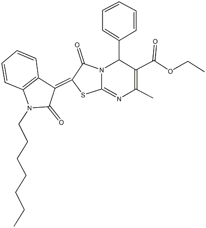 ethyl 2-(1-heptyl-2-oxo-1,2-dihydro-3H-indol-3-ylidene)-7-methyl-3-oxo-5-phenyl-2,3-dihydro-5H-[1,3]thiazolo[3,2-a]pyrimidine-6-carboxylate Structure