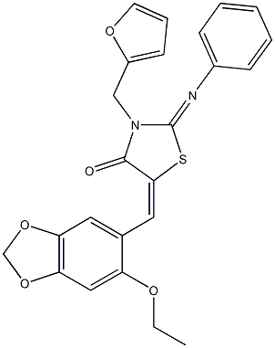 5-[(6-ethoxy-1,3-benzodioxol-5-yl)methylene]-3-(2-furylmethyl)-2-(phenylimino)-1,3-thiazolidin-4-one 化学構造式
