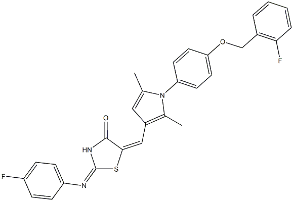 5-[(1-{4-[(2-fluorobenzyl)oxy]phenyl}-2,5-dimethyl-1H-pyrrol-3-yl)methylene]-2-[(4-fluorophenyl)imino]-1,3-thiazolidin-4-one Struktur
